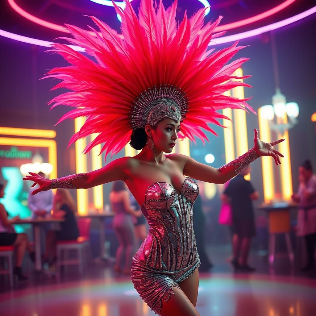 Futuristic Cabaret Dancer in Cyberpunk Art Deco Style