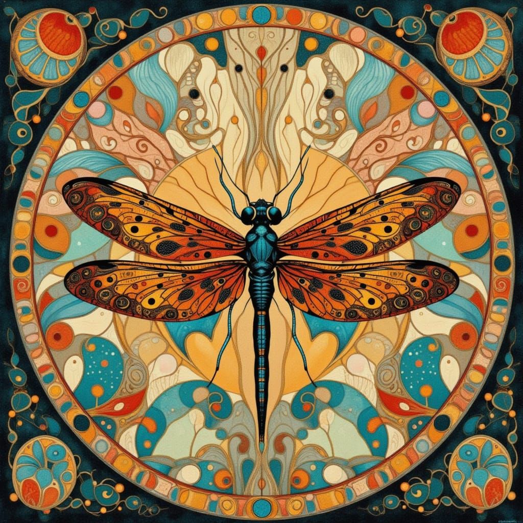 Kaleidoscopic Dragonfly in Art Nouveau Style