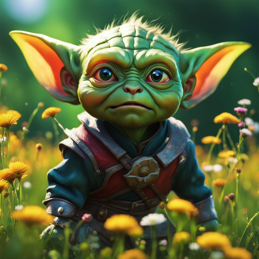 Angry Goblin Baby in Flower Meadow: Hyperrealistic Art