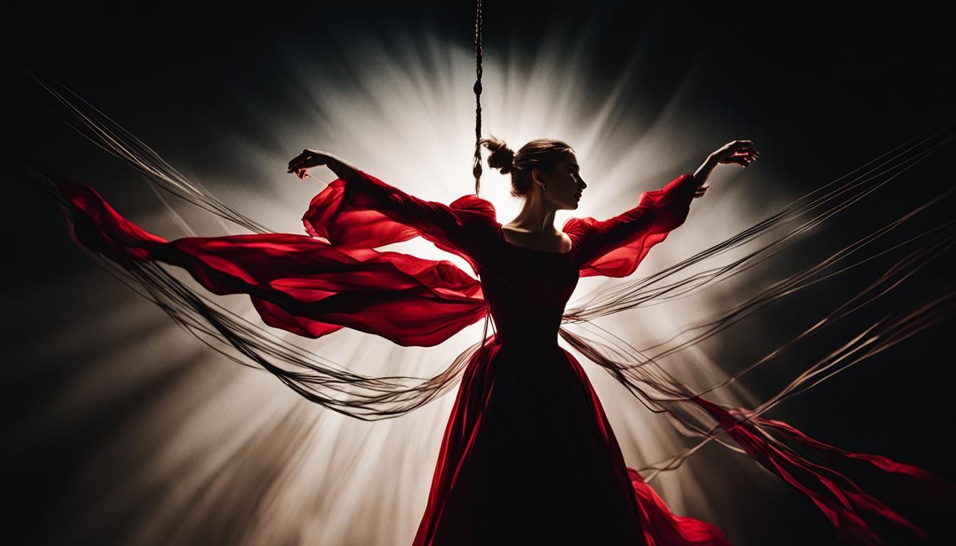 Dramatic Surrealism: Woman Dancing on Strings in Chiaroscuro