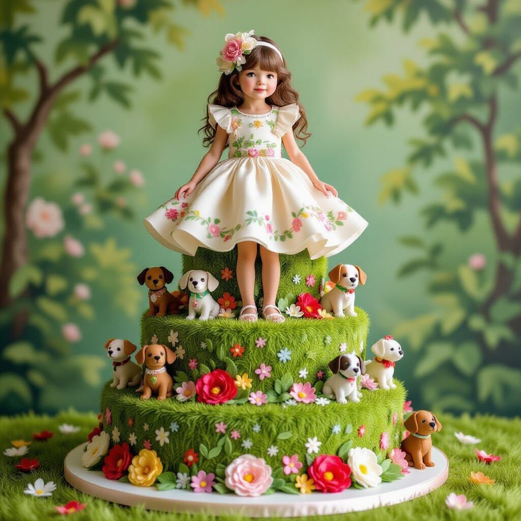Whimsical Girl with Dogs on Tiered Cake