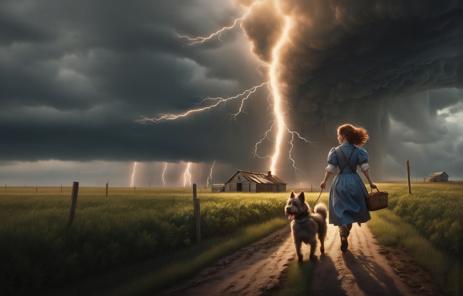 Dorothy and Toto Fleeing Tornado in Dramatic Kansas Farmland