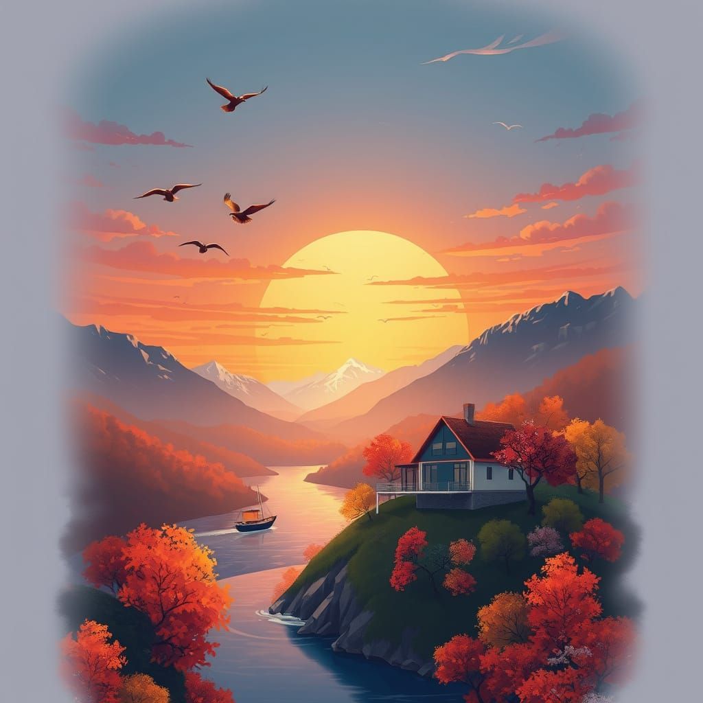 Dreamlike Autumn Sunset with Modern Villa and River