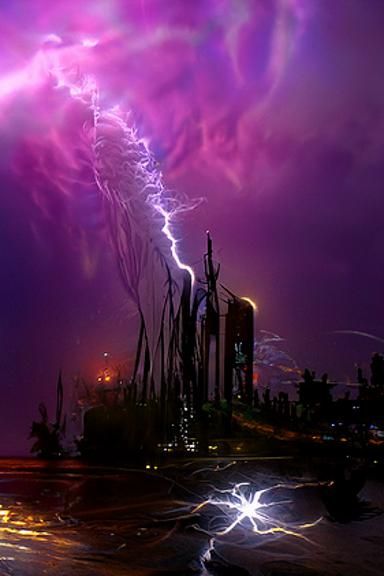 Electric Thunderstorm Over City in Film Noir Style