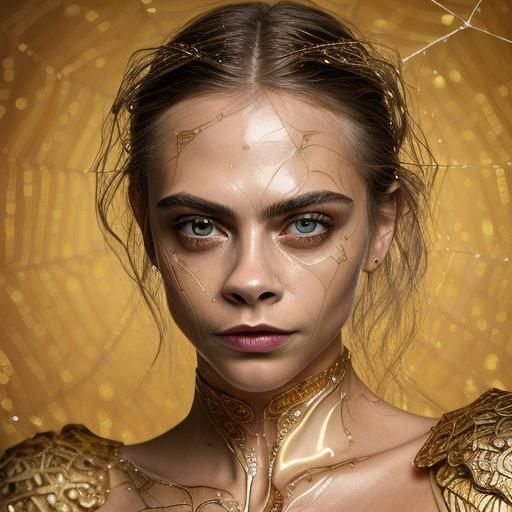 Cara Delevingne in Gold Web, Klimt-Style Oil Painting