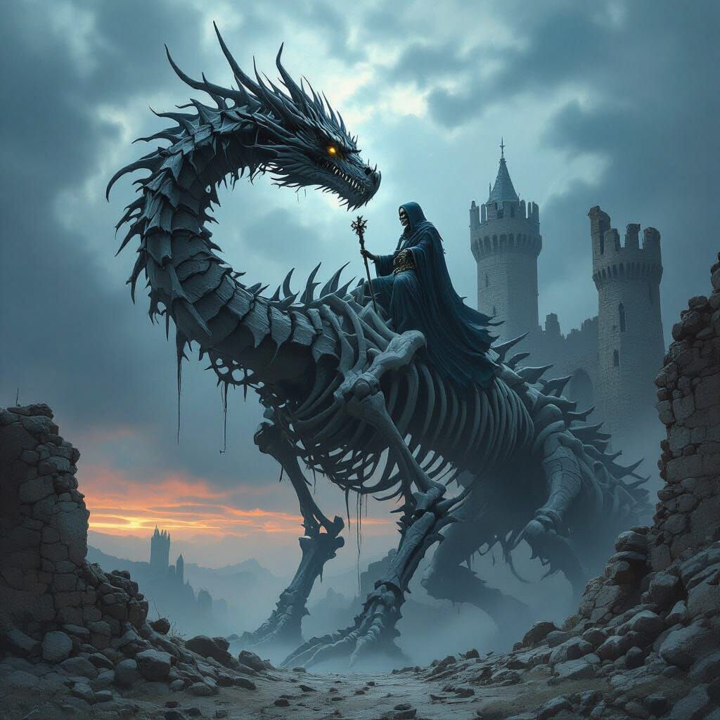 Bone Dragon Rider Over Ruined Castle