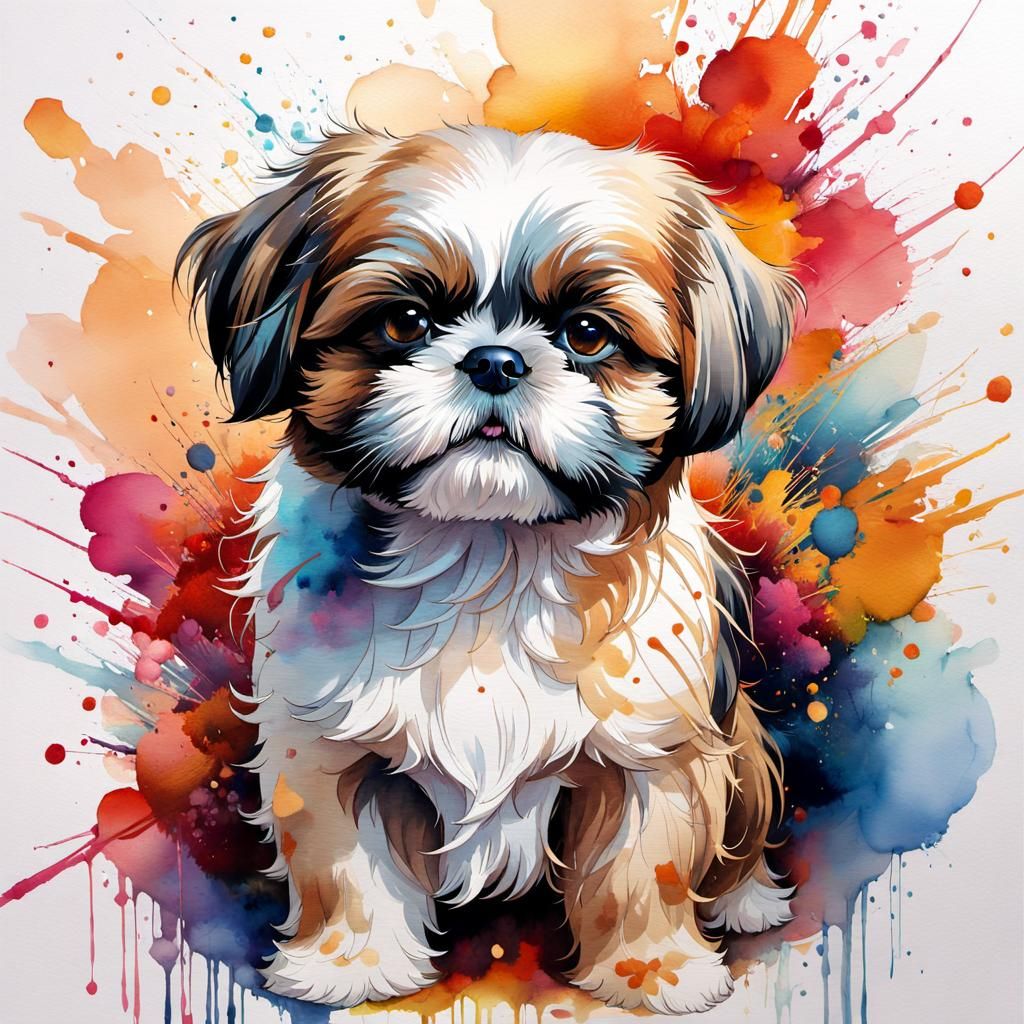 Watercolor Manga Illustration of a Cute Shih Tzu