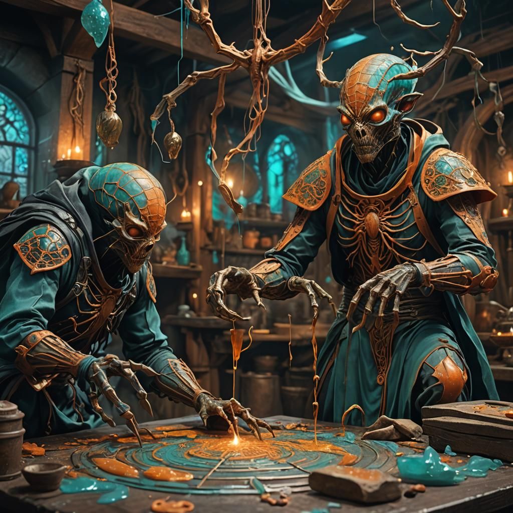 Arachnid Men Wax Bending in Dark Fantasy Style