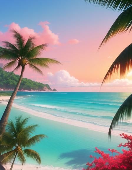 Anime Girl on Pink Beach with Mountains