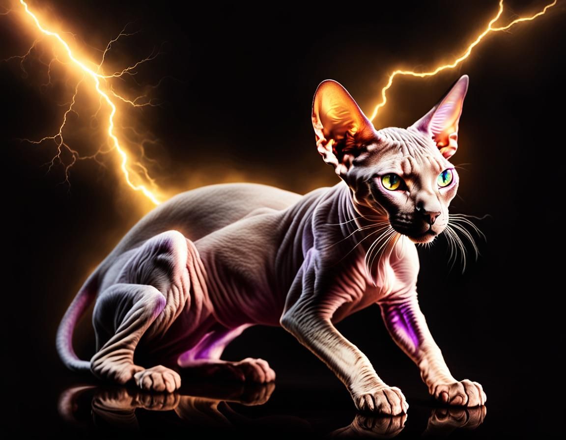 Glowing Sphinx Cat with Golden Lightning