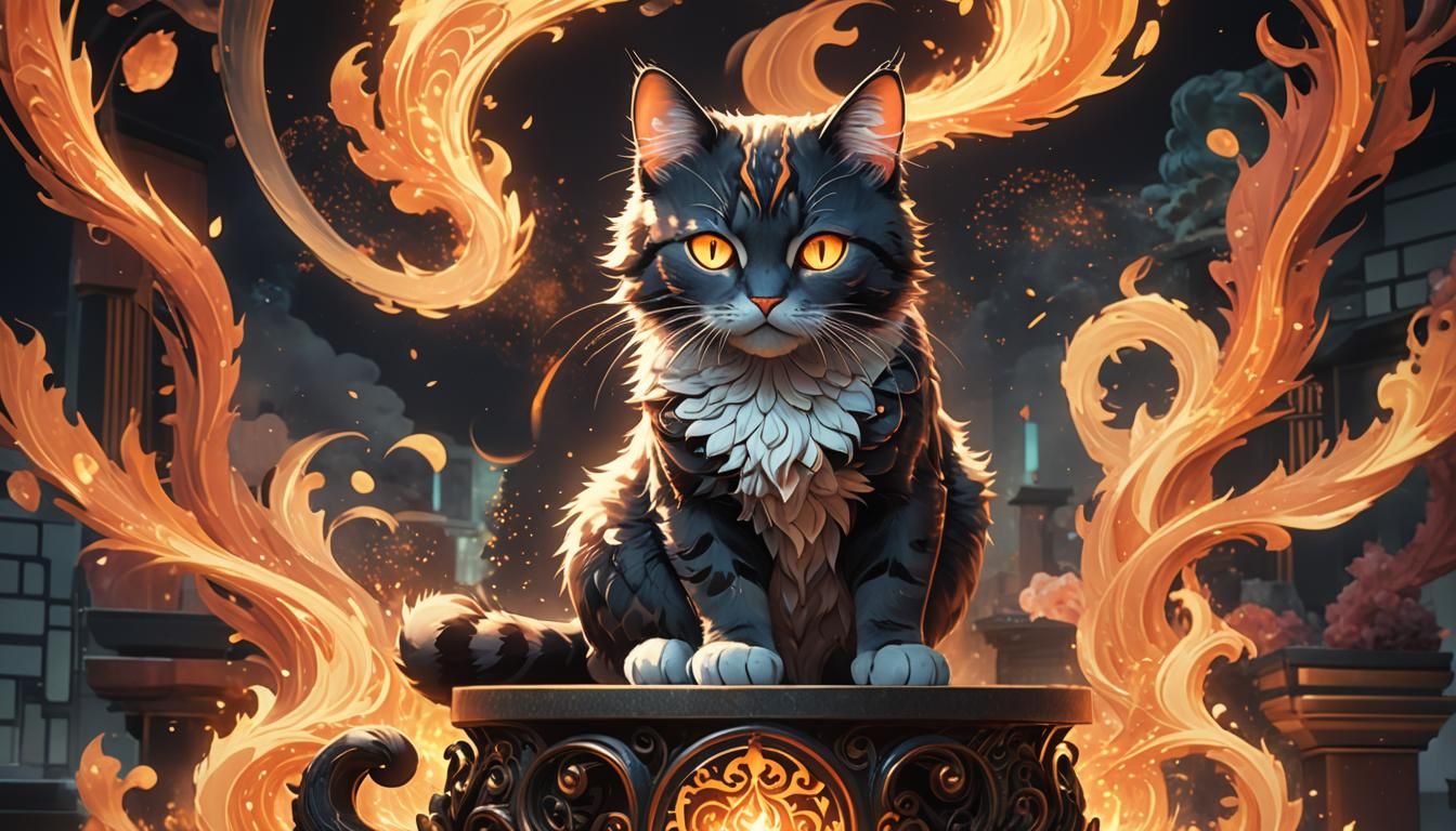 Anime Cat with Fiery Eyes on Fractal Pedestal