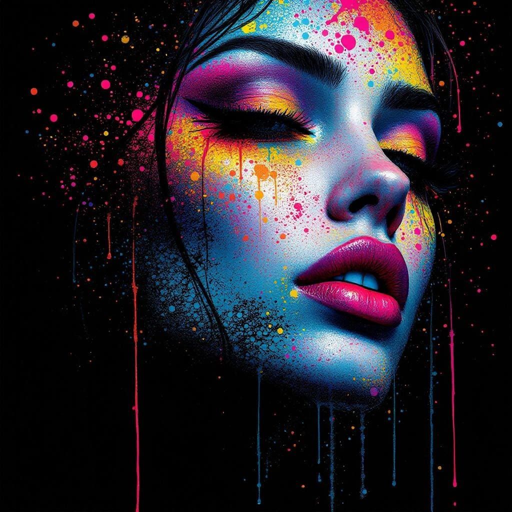 Colorful Dotted Female Face in Graffiti Art Style