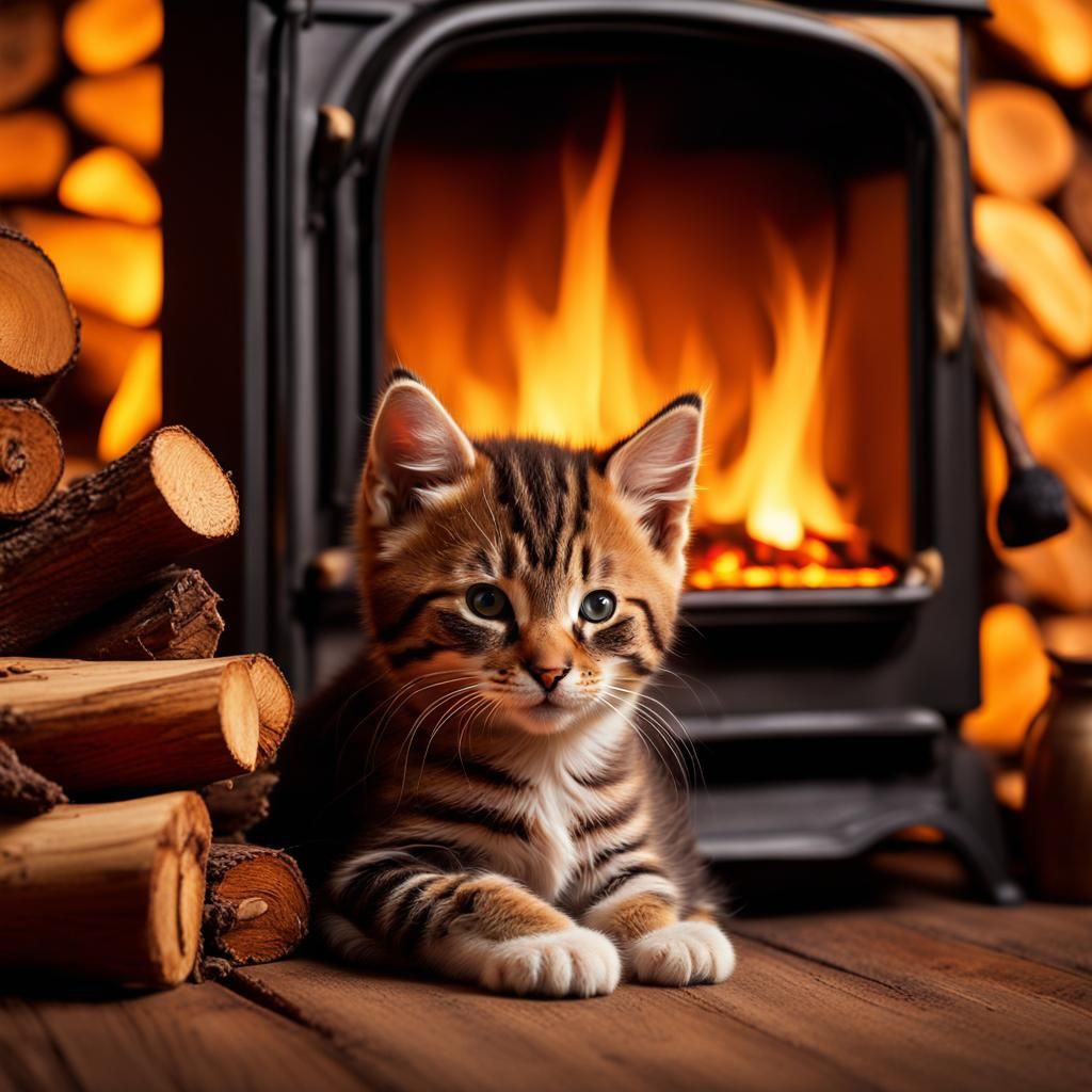 Cozy Kitten Napping by Log Burner Stove