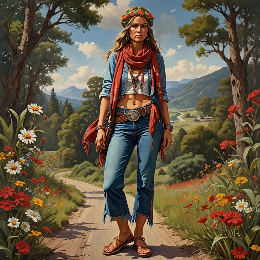1970s Hippie Girl Hitchhiking: Realistic Oil Painting