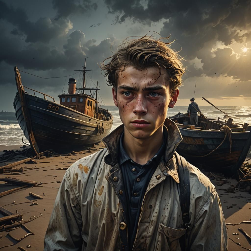 Eerie Horror Scene: Sailor Confronts Beach Creatures