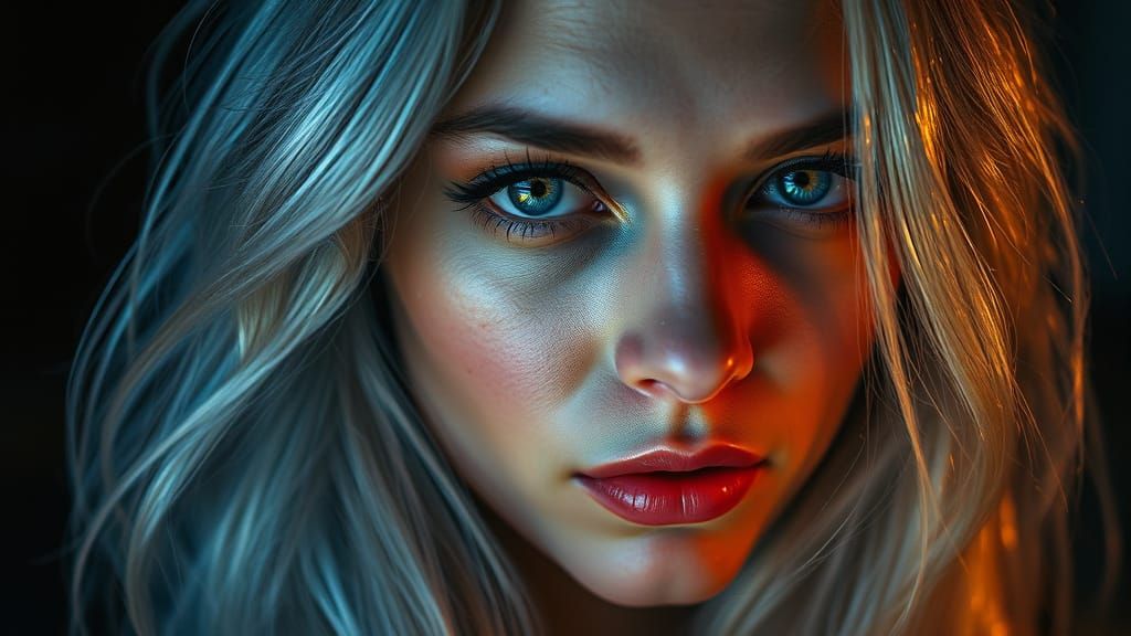 Woman with Hypnotic, Iridescent Eyes in Lunar Aura