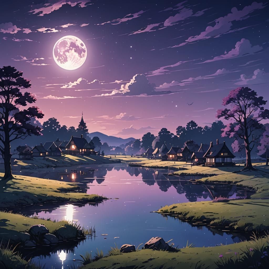 Swanenburg Landscape Under Moonlight in Anime Style