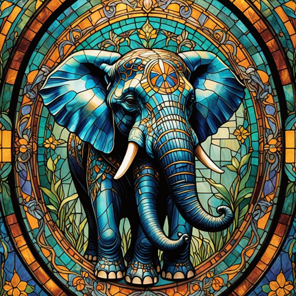 Ornate Art Nouveau Elephant with Stained Glass-Inspired Tatt...