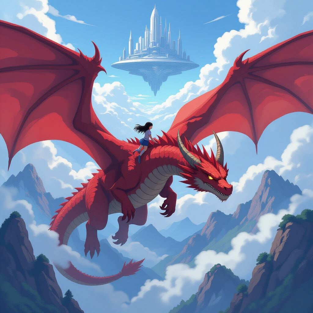 Enormous Dragon Soars Over Mountains with Floating City