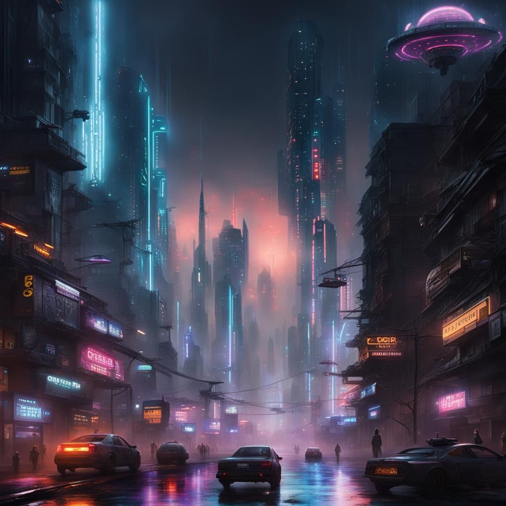 Dystopian future cyberpunk city