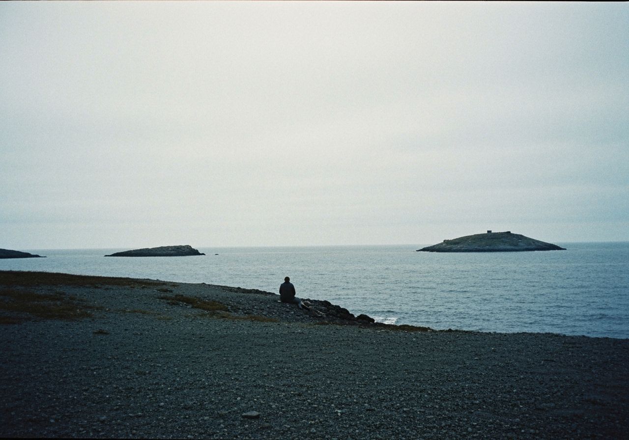Eerie Figure with Green Eyes on Misty Lake Shore