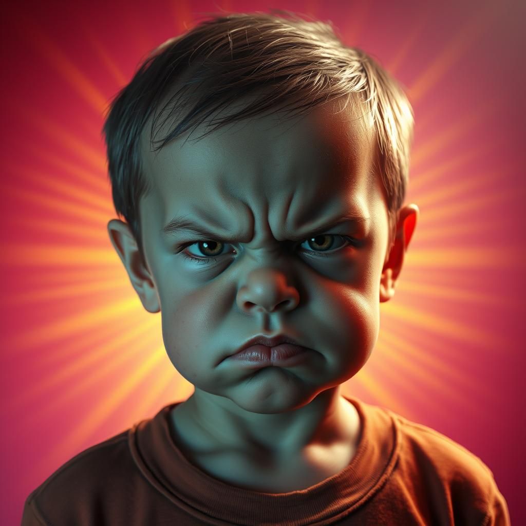 Hyperrealistic Portrait of a Grumpy Child in 3D Style