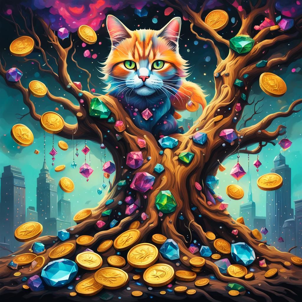 Magical Graffiti Tree with Cat and Jewels