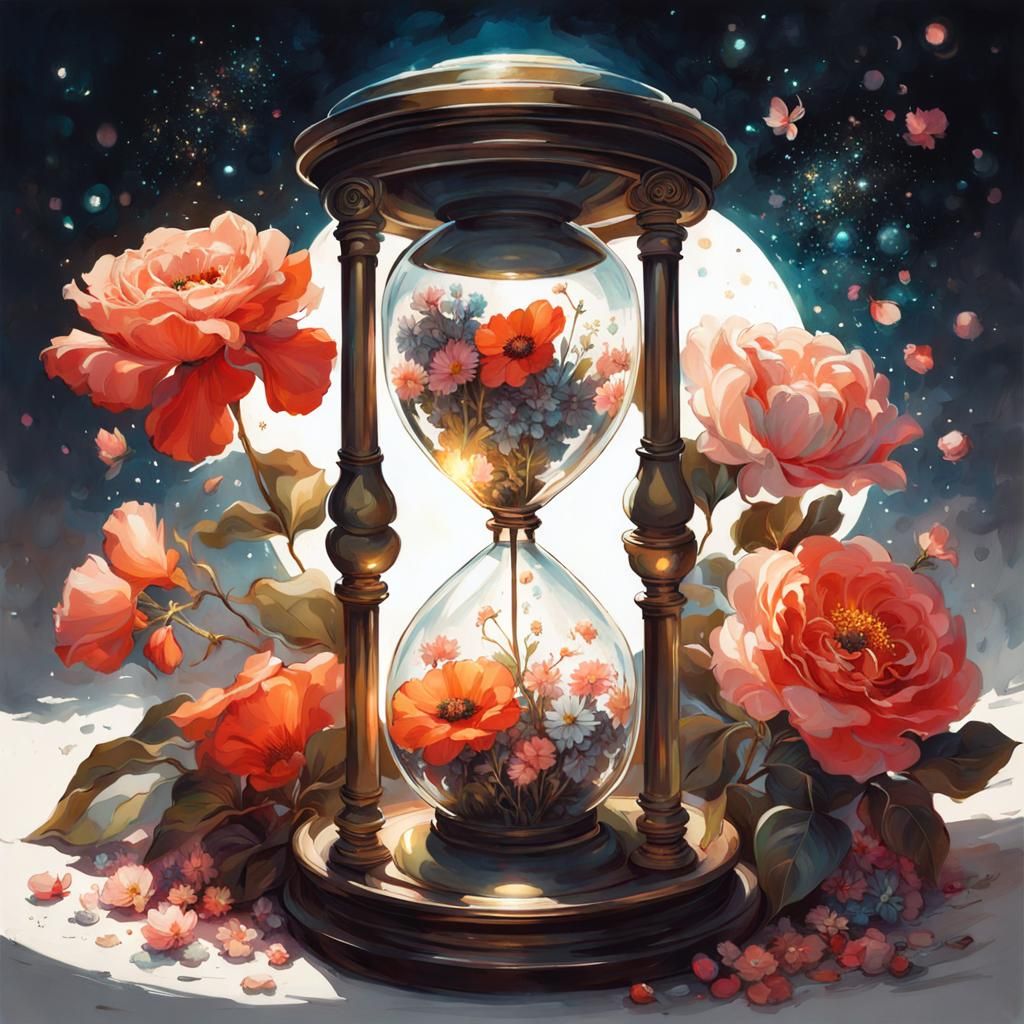 Celestial Hourglass with Flowers and Ashes