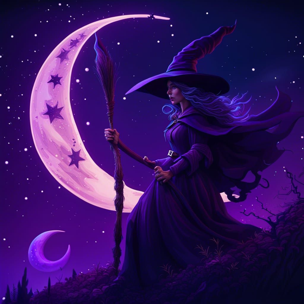 Witch on Broom in Front of Crescent Moon