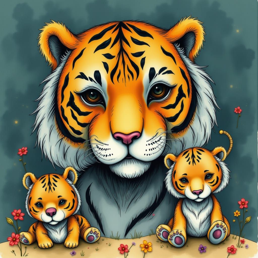 Gold Fairy Tigers with Glowing Ink Outlines