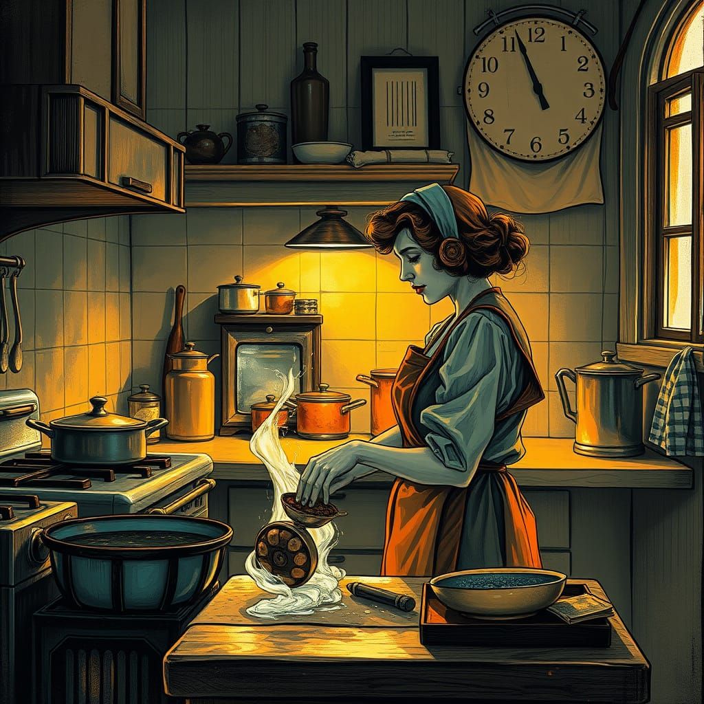 Vintage Woman Bakes in Classic 1930s Kitchen