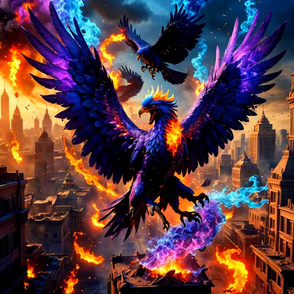 Majestic Purple Phoenix Battles Black Griffin in Blazing Cit...
