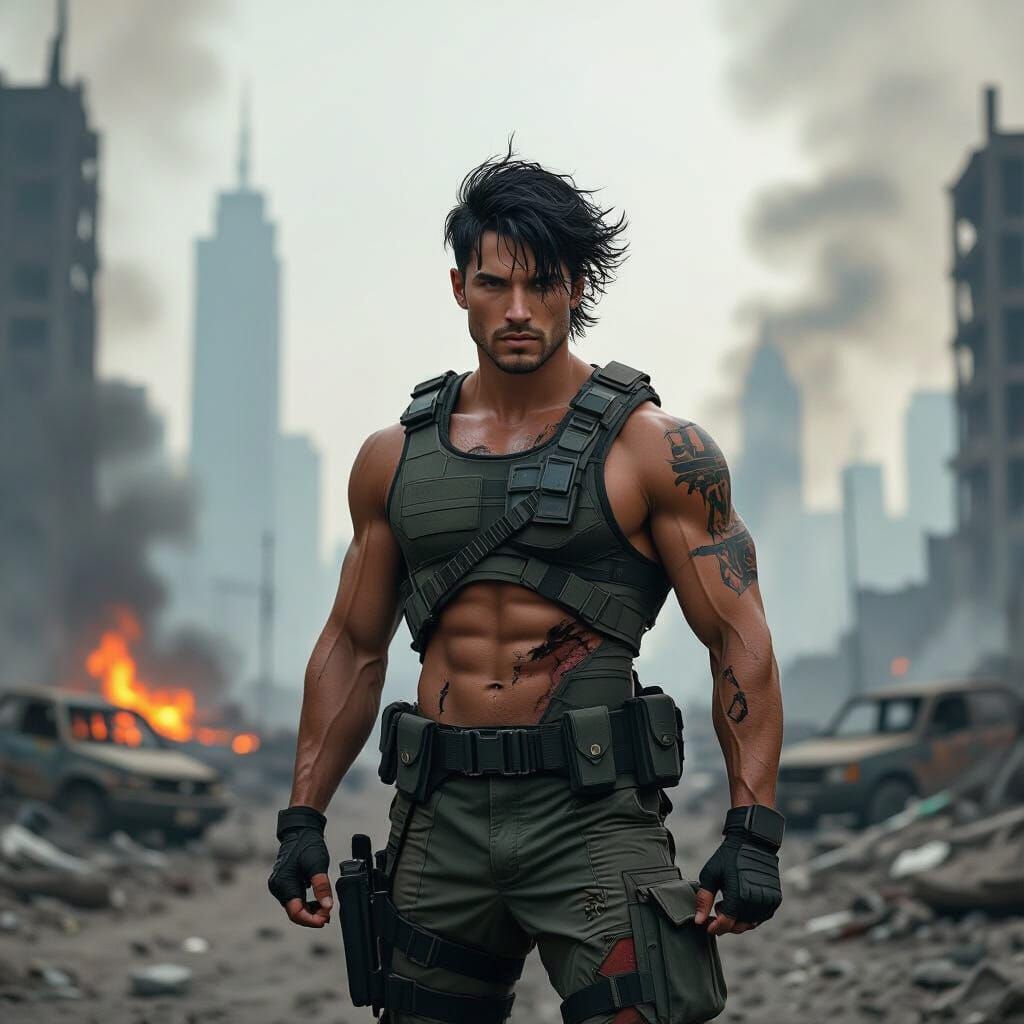 Resilient Soldier in War-Torn Cityscape