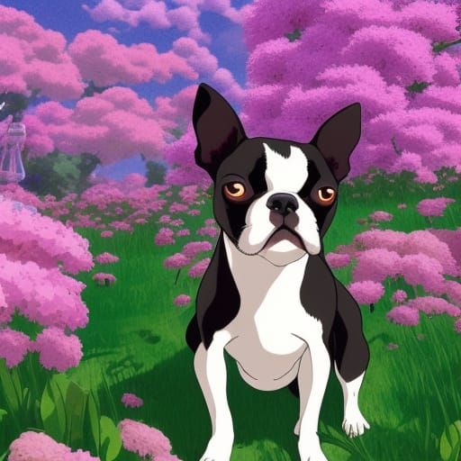 Boston Terrier in Flower Garden: Studio Ghibli Style