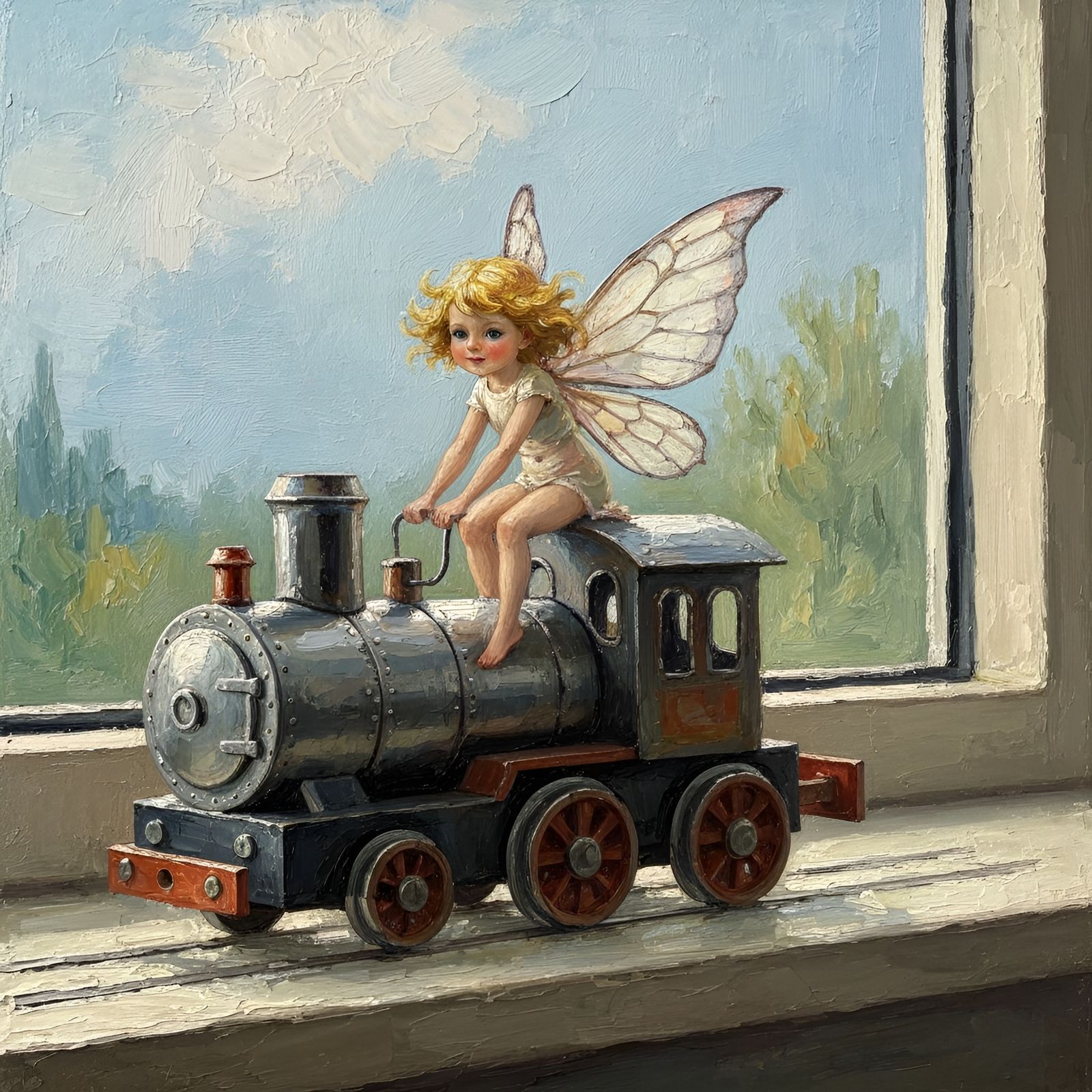Playful Fairy Rides Toy Train on Windowsill Impasto Painting