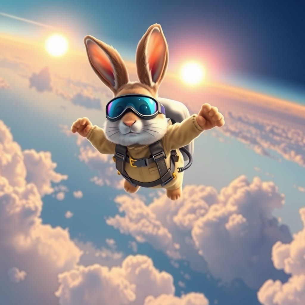 Skydiving Rabbit in Vibrant, Dynamic Illustration Style