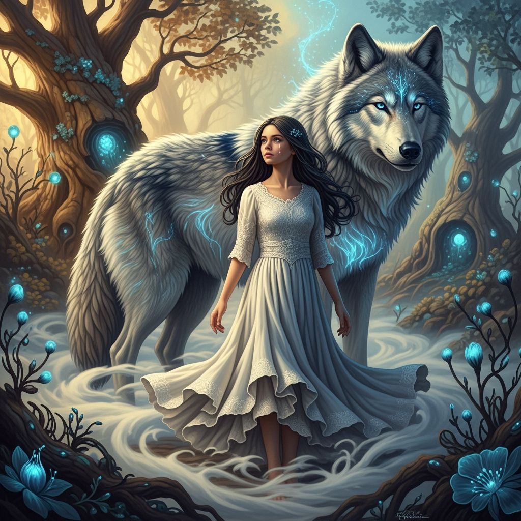 Teenage Girl and Luminescent Wolf in Ethereal Mist