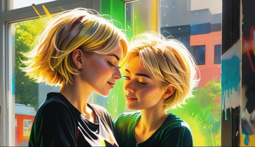 Women Cuddle in Graffiti Art Style