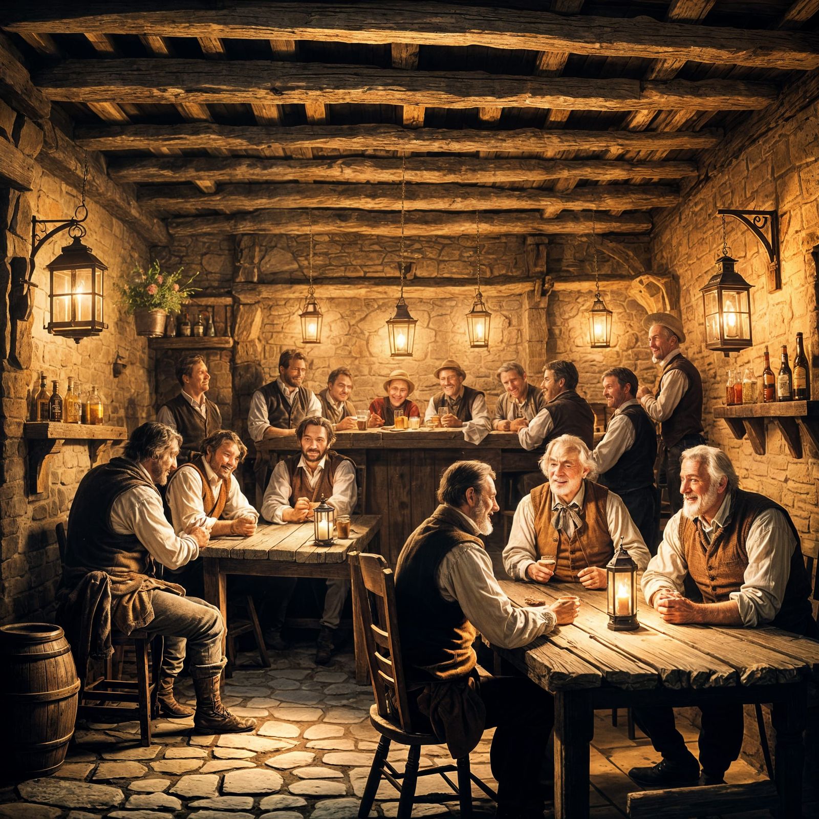 Characters gathered outside a rustic inn