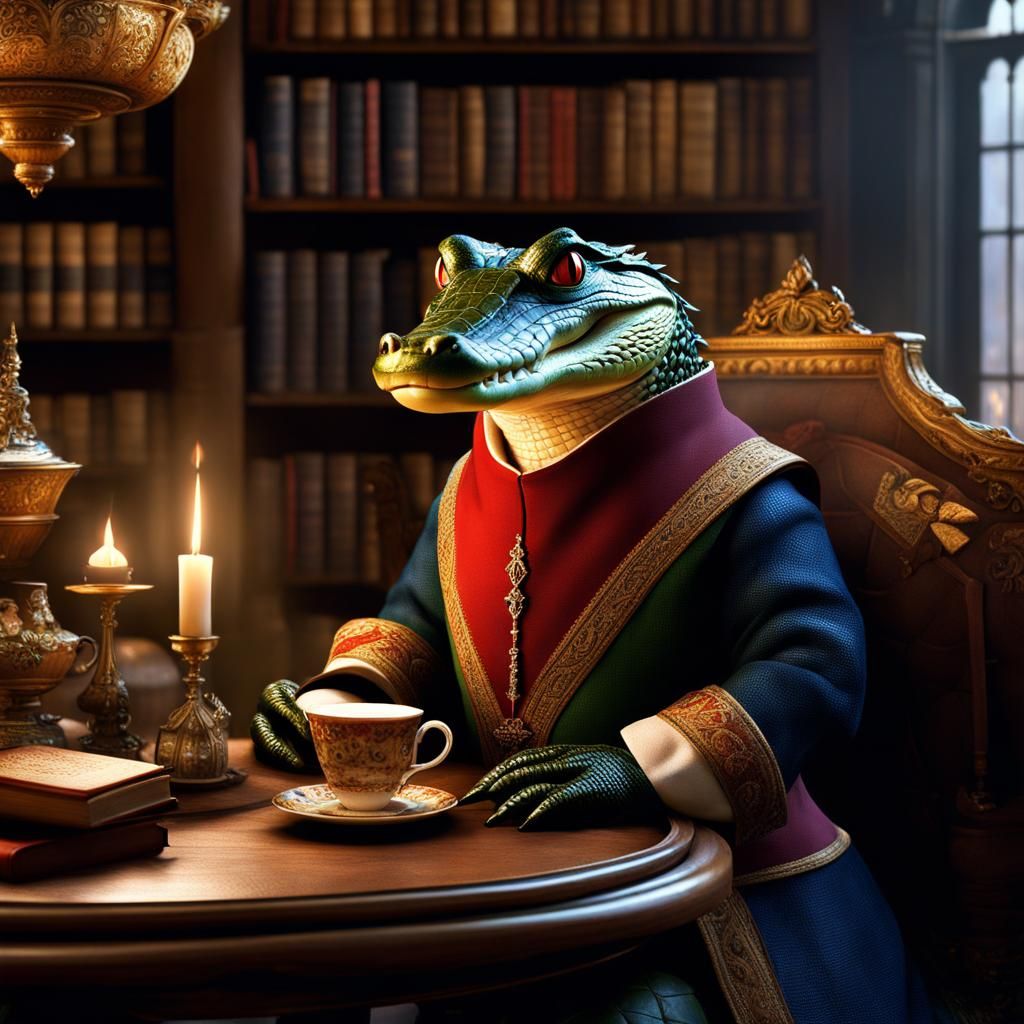 Medieval Alligator Royalty in Cozy Tea Shop