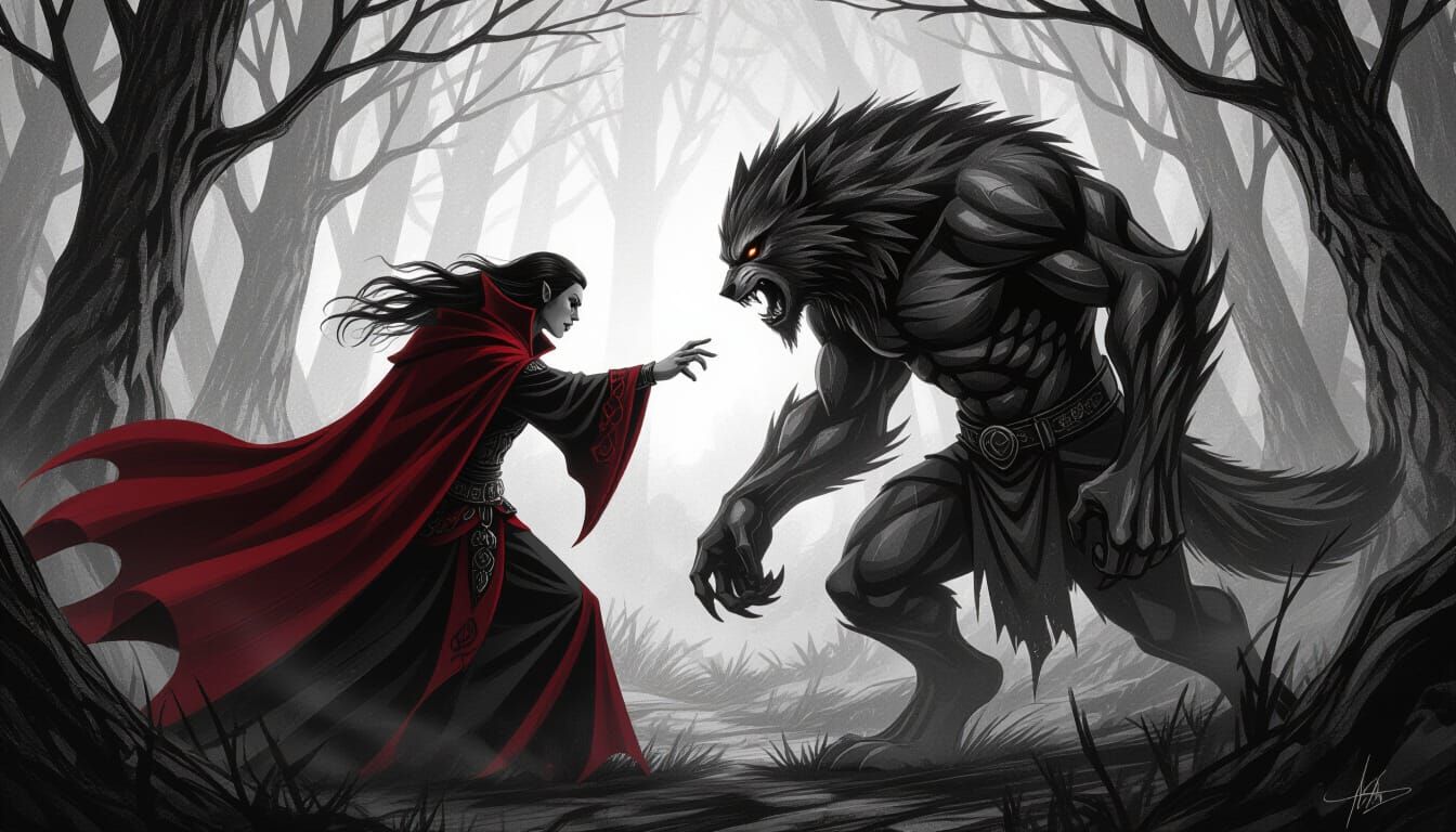 Vampire and Werewolf Clash in Mystical Forest