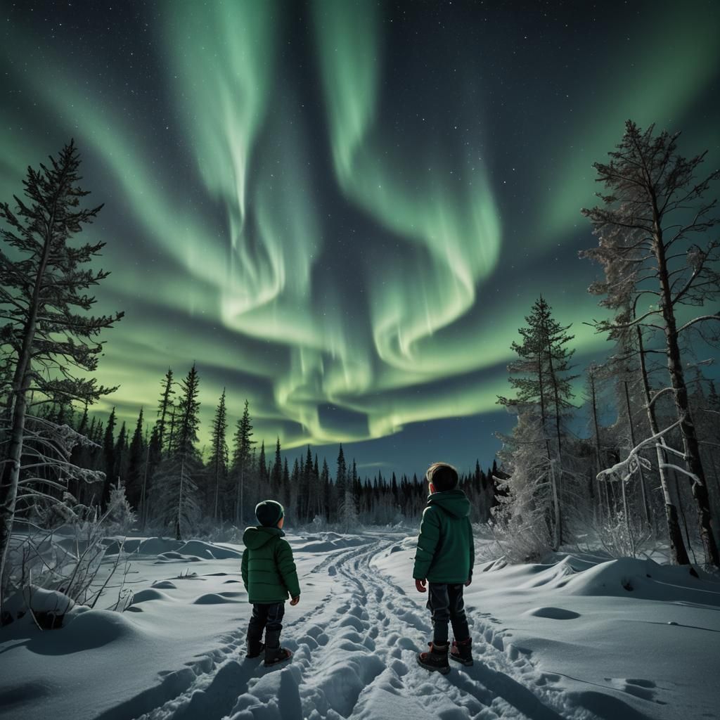 Full Moon and Aurora Borealis with Child