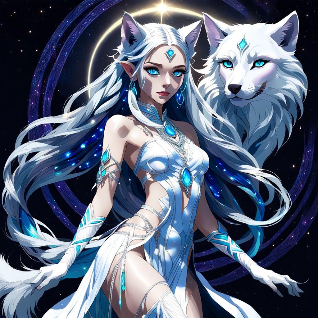 Iridescent Wolf-Girl in Fantasy Landscape