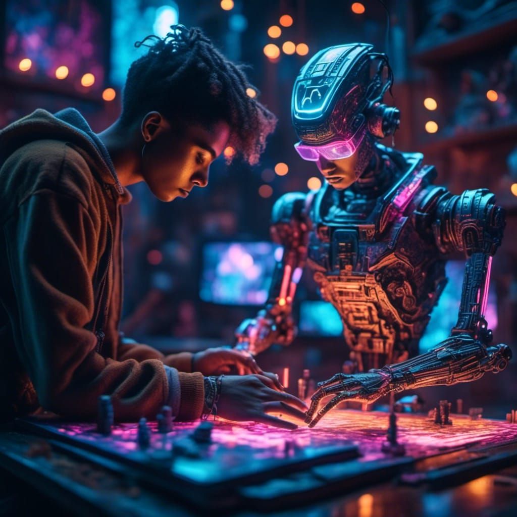 Cyberpunk Robot Assembly in Neon-Lit Lab