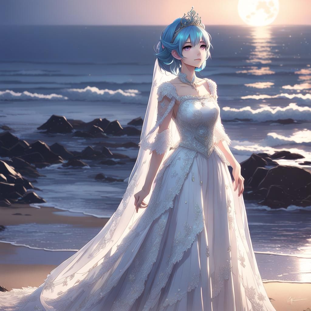 Blue-Haired Queen in Moonlight: 3D Anime Art