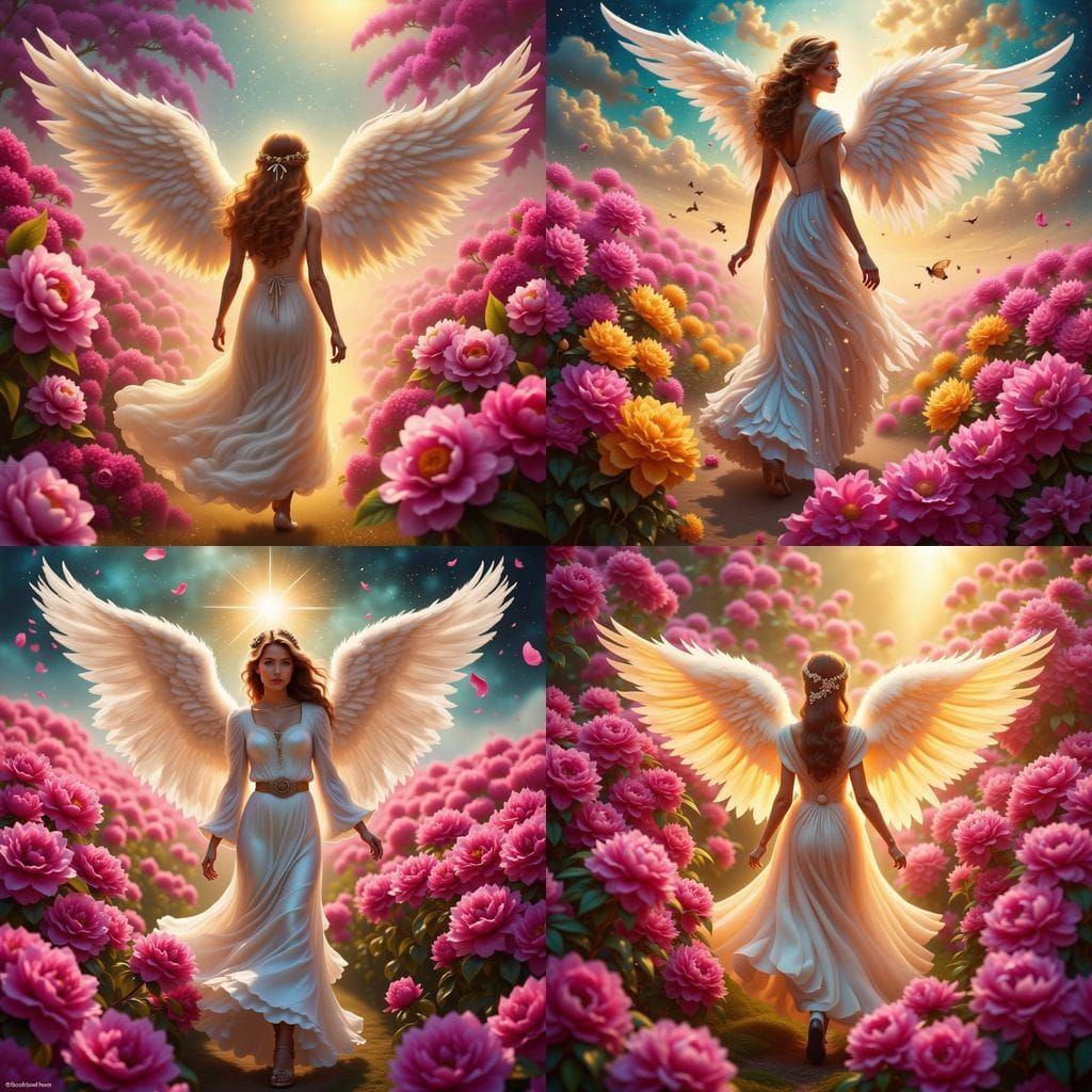 Angel in Vibrant Floral Paradise with Radiant Glow