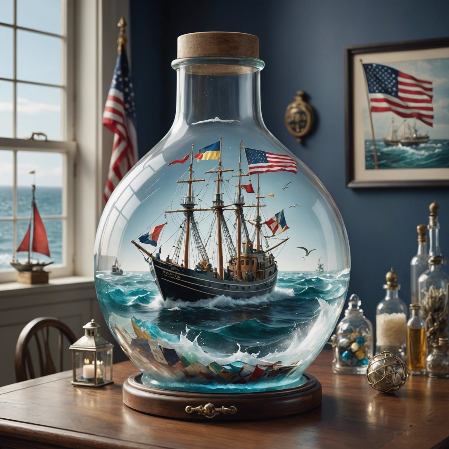 Fishing Boat in a Bottle: Surreal Living Room Scene