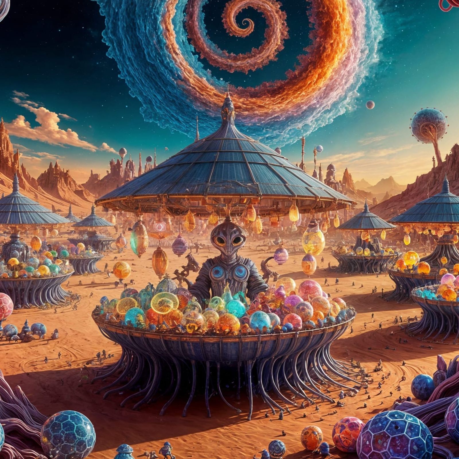 Vibrant Alien Market in a Desert Landscape