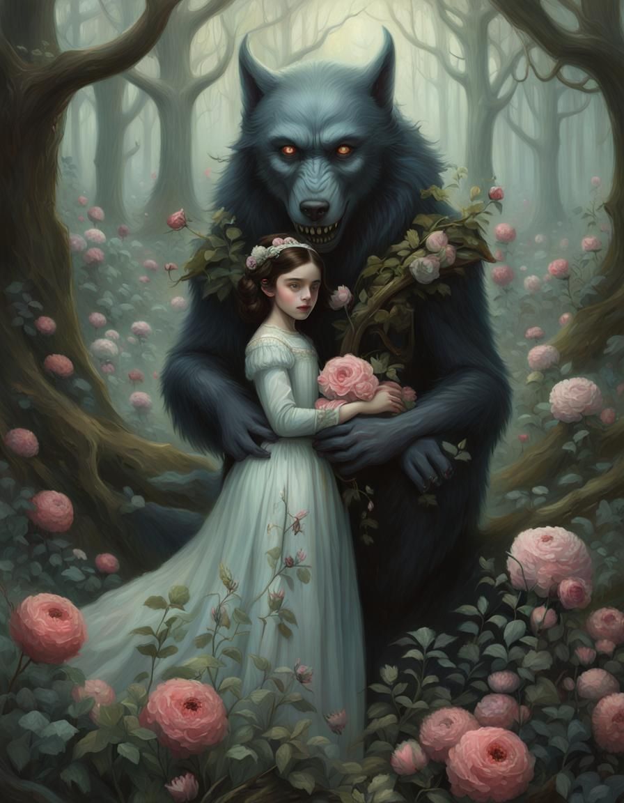 Princess Hugging Werewolf in Flower Forest, Digital Painting