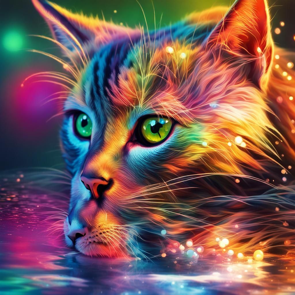 Rainbow Cat Contemplates Reflection: Hyperrealistic Splash A...